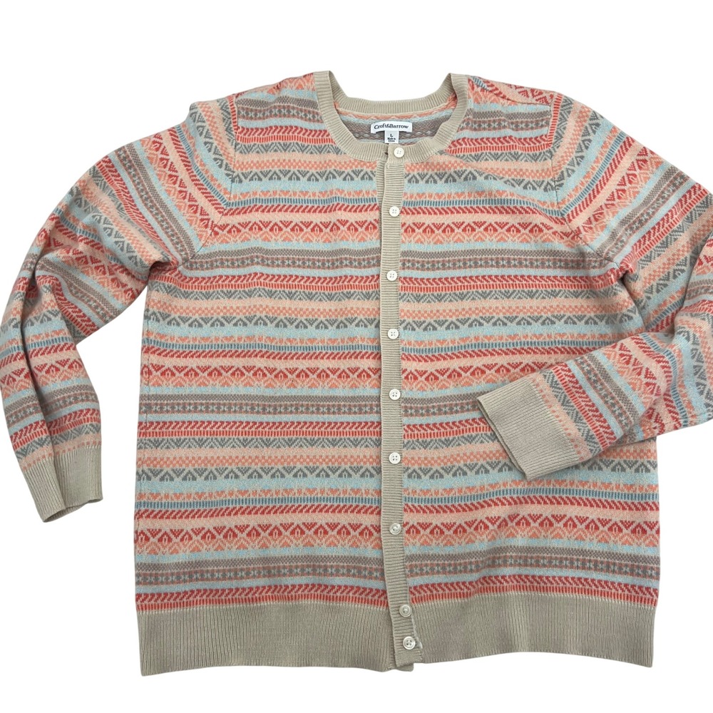 Croft & Barrow Womens Fair Isle Button Front Cardigan‎ Sweater Coral Blue Large
